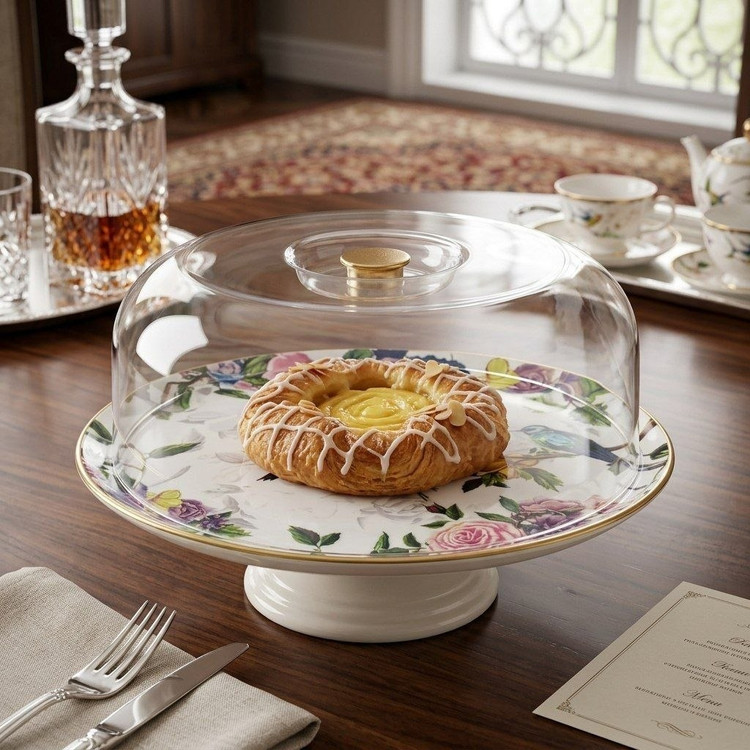 کیک خوری پایه دار دربدار برند gonul طرح گل آبی و گنجشک